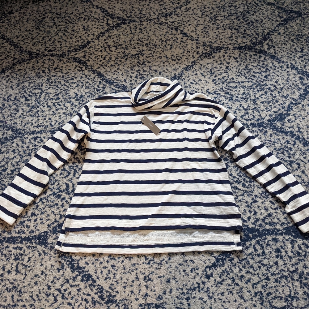 J. Crew Vintage Fleece Turtleneck Sweatshirt Cream Navy Blue Striped Long Sleeve